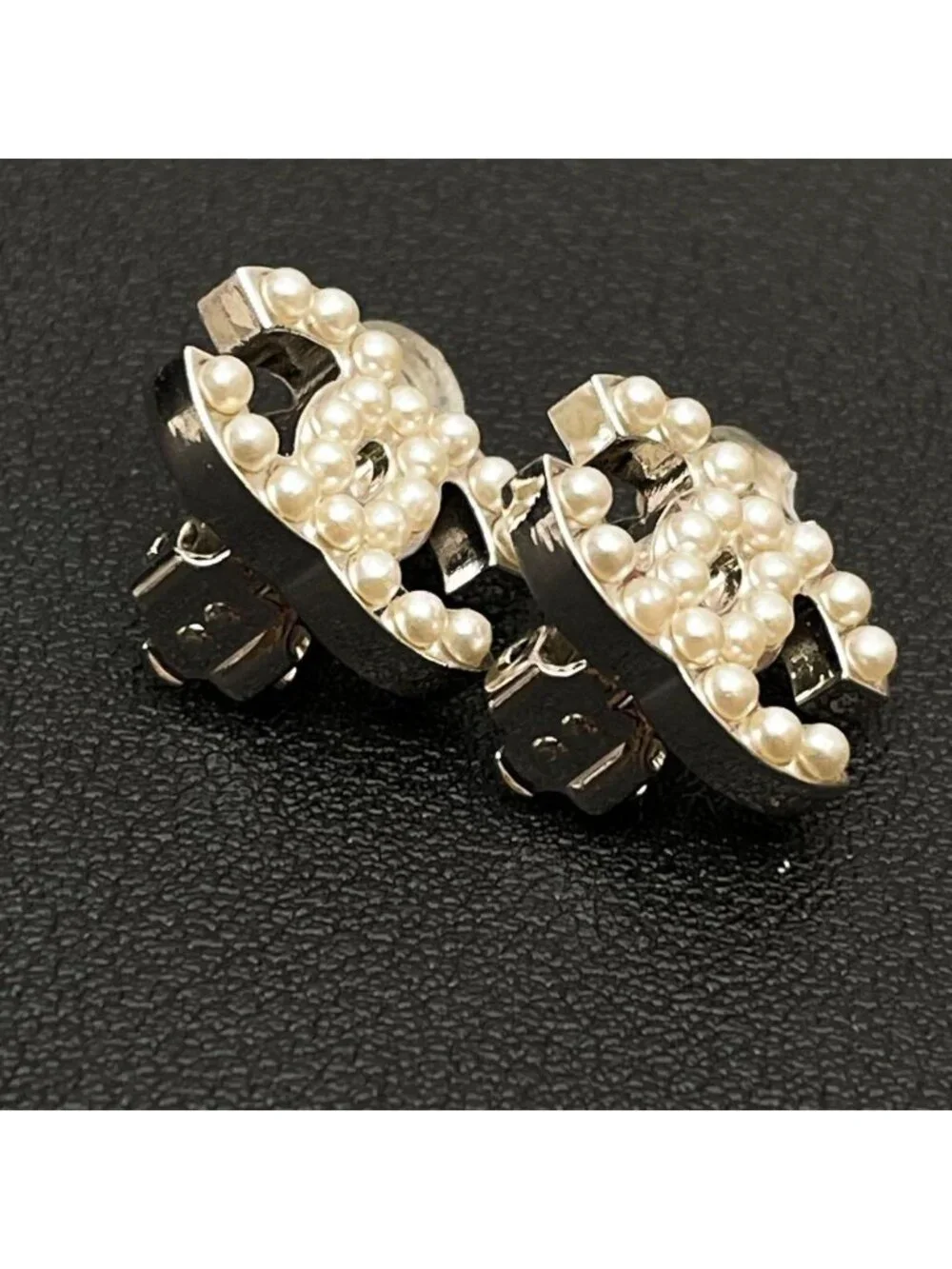 Chanel CC Logo Earrings Faux Pearl Silver Coco
